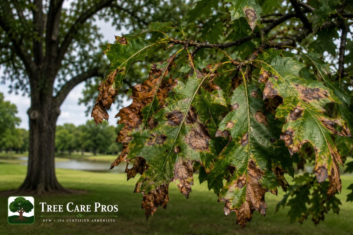 Anthracnose — Dallas–Fort Worth, Texas Anthracnose leaf blight on an oak in Dallas–Fort Worth, Texas — brown blotches along the veins and scorched, distorted leaf margins.