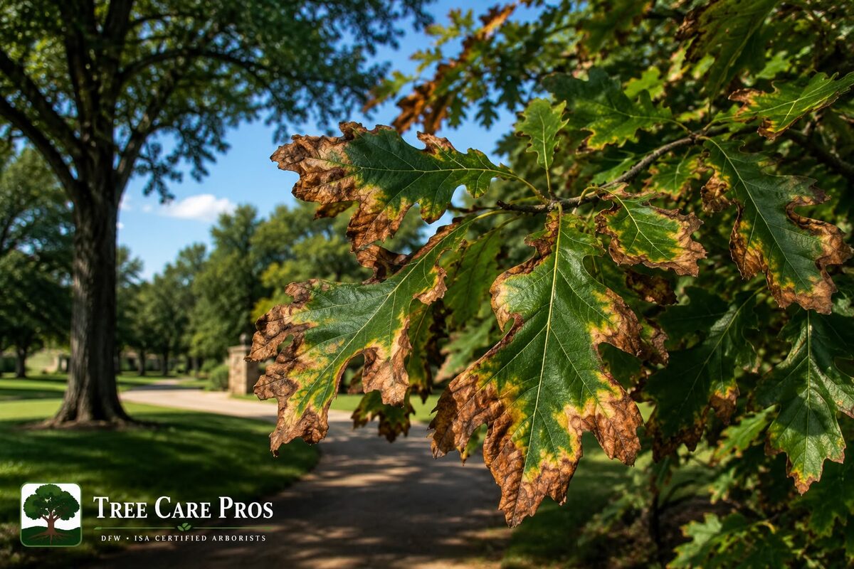 Bacterial Leaf Scorch — Dallas–Fort Worth, Texas Bacterial leaf scorch on a mature oak in Dallas–Fort Worth, Texas — browning leaf margins separated from green tissue by a yellow halo.