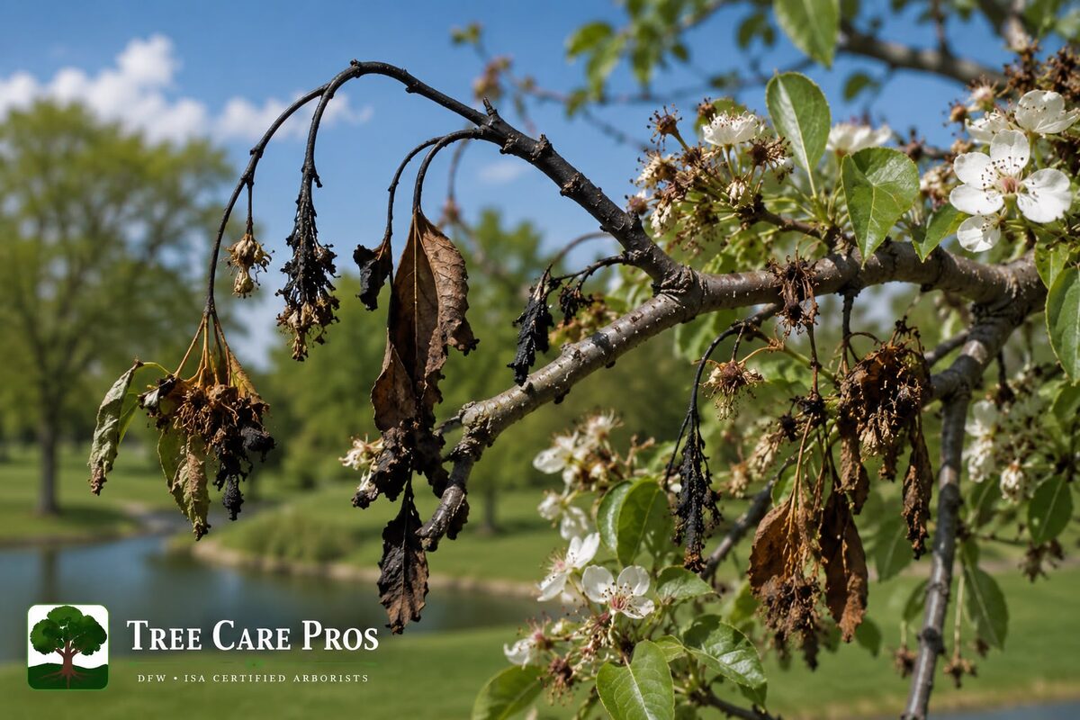 Fire Blight — Dallas–Fort Worth, Texas Fire blight on a tree in Dallas–Fort Worth, Texas — scorched, blackened shoots bent into the classic shepherd's-crook.