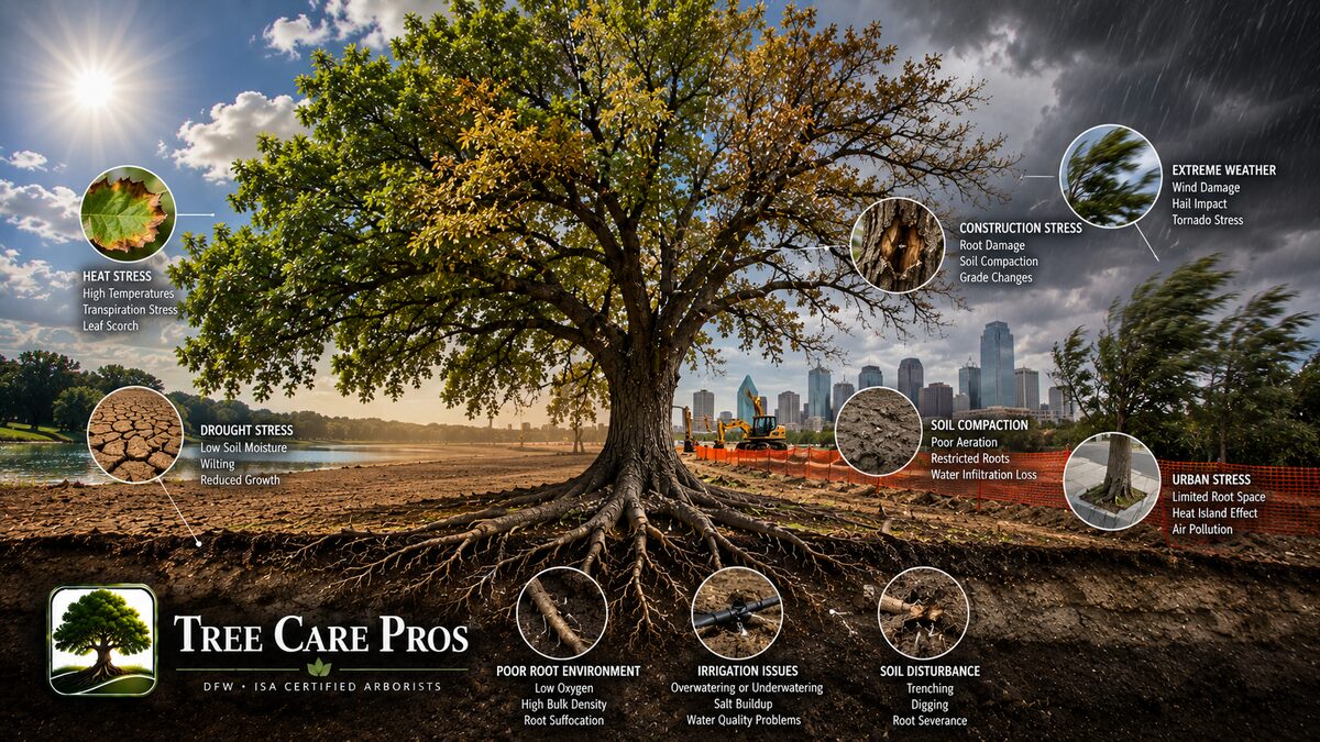 Environmental Tree Stress — Dallas–Fort Worth, Texas Environmental stress affecting trees in Dallas–Fort Worth, Texas