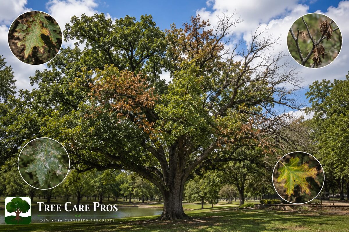 Oak Diseases — Dallas–Fort Worth, Texas Oak disease symptoms on foliage in Dallas–Fort Worth, Texas — leaf browning, blotching, and canopy dieback.