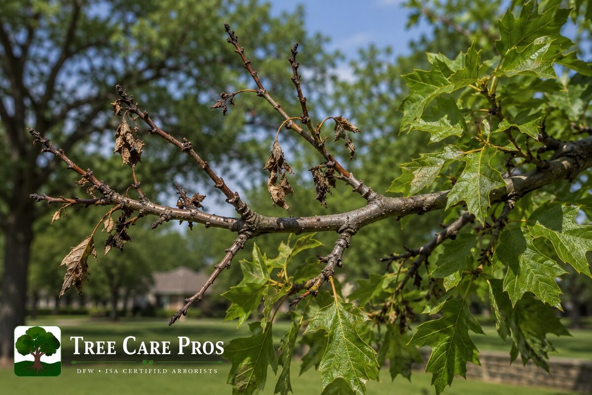 Twig Blight — Dallas–Fort Worth, Texas Twig blight on a tree in Dallas–Fort Worth, Texas — dieback of young shoots and twigs with browning foliage.